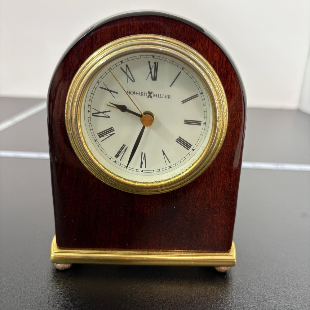 Howard Miller Desk Alarm Clock 613-487 Brown Wood Brass Roman Numeral Quartz